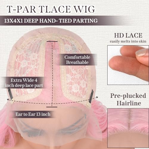 Pink Wig 26 inch Long Wavy Pink Wigs for Women, 13X4X1 HD T-part Synthetic Lace Front Wig Natural Looking As Human Hair Middle Part Pre Plucked Glueless Wigs for Daily Party Cosplay Use (T2313#)