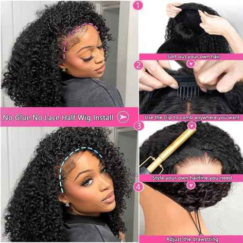 Larhali Kinky Curly Half Wig Human Hair 180% Density Wear And Go Glueless Wigs Human Hair 12 Inch Curly 3 In 1 Half Wigs for Women Drawstring Seamless Flip Headband Wig Beginner Friendly