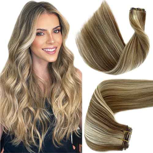 Weft Hair Extensions Balayage Human Hair Weft Extensions Ash Blonde Highlights Sew in Hair Extensions Real Human Hair 20 Inch 100G Hand Tied Weft Hair Extensions Human Hair Sew in Bundles Remy Hair