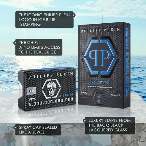 Philipp Plein ? Eau de Toilette No Limits Super Fresh 90 ml ? Parfum Homme ? Notes Fra?ches et Bois?es ? Une Vague d'?nergie, d'H?donisme et de Succ?s ? Bois? Frais ? Flacon en Verre Laqu? Noir et Bleu