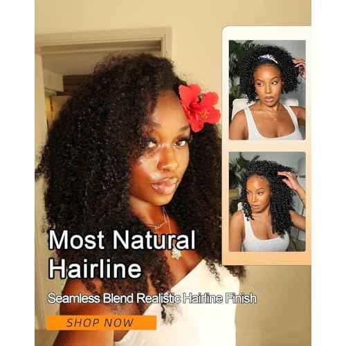 ?Kinky Curly Half Wig Human Hair With Drawstring 200% Density, Seamless 3 In 1 Flip Over Afro Kinky Curly Wig Human Hair Glueless Wear and Go Headband Curly Half Wigs for Black Women 18 Inch
