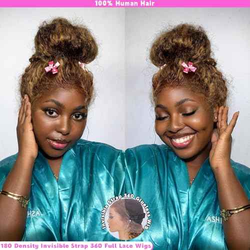 Hidden Strap 360 Deep Wave Lace Front Wigs Human Hair 180 Density Highlight Ombre HD Full Lace Front Wigs Human Hair Pre Plucked 22 Inch Drawstring Honey Blonde Wig Human Hair For Women