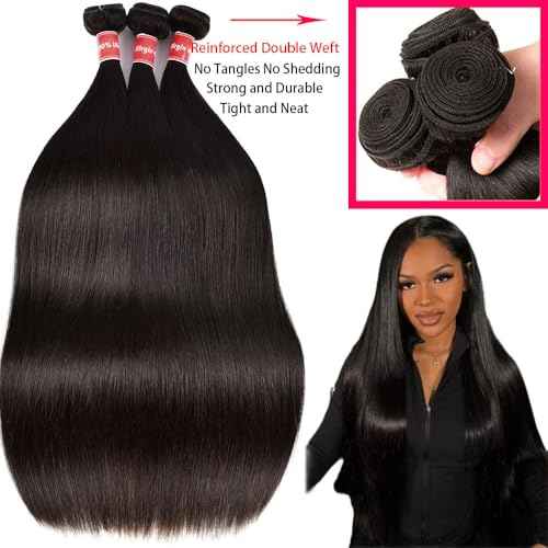 Straight Human Hair Bundles 16 18 20 Inch 12A Brazilian Virgin Straight Hair Bundles 100% Unprocessed Human Hair Weave Bundles Human Hair Extensions for Black Women Natural Black Color