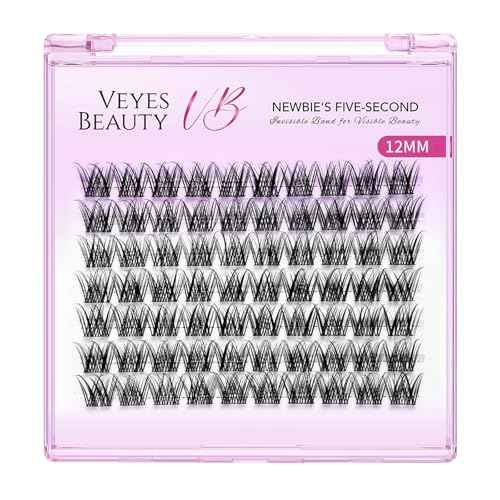 VEYESBEAUTY Lash Clusters Individual Eyelash Extensions Thin & Invisible Band DIY False Eyelashes for Self-application Newbie's Five-Second Series Wispy Lash Tray, LuxeBold 12mm Single Length
