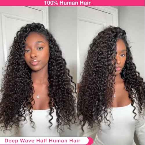 18 Inch Curly Half Wig Human Hair Deep Wave, All Hairstyles In One Curly Half Wigs, Flip Over With Adjustable String Invisilbe Hairline Beginner Friendly Headband Wig 200% Density