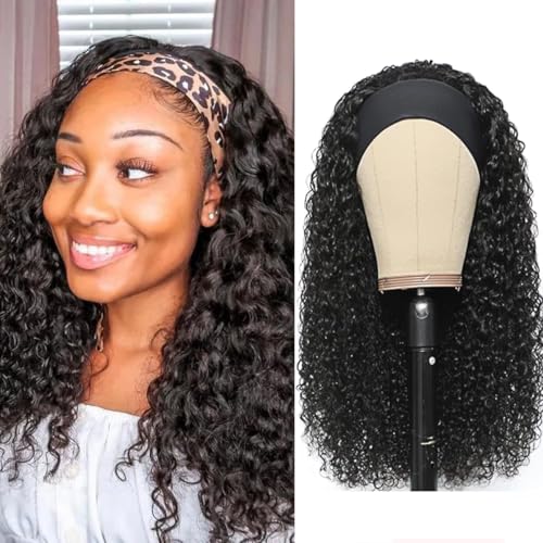 Headband Wig Human Hair Water Wave None Lace Front Glueless Curly Wig With Pre-Attached Scarf For Black Women Put And Go Wig Natural Beginner-Friendly 14 Inch