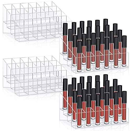 Macarrie 4 Pieces Lipstick Holder Organizer 24 Slot Acrylic Lipstick Makeup Organizer Case Display Stand Storage Box for Lipsticks Lipgloss Brushes Cosmetics