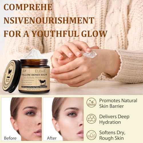 ELBBUB Whipped Tallow Cream for Face & Body - 100% Grass-Fed Beef Tallow, Natural Honey & Beeswax Moisturizer, Deep Hydration & Nourishment, Oil-Free & Unscented, Fast Absorbing