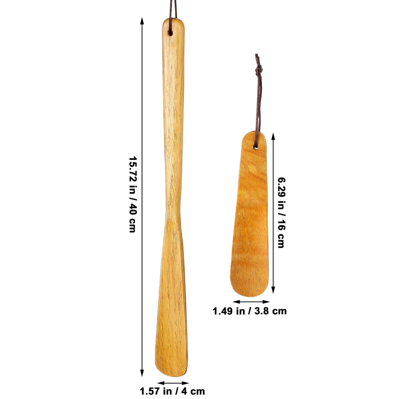 GLEAVI 2 Pack Wood Shoe Horn Set, Long Handle Boot Helper for Seniors, Portable Travel Shoe Spoon, Solid Wooden Lifter with Hanging Loop (15.7" & 6.3")