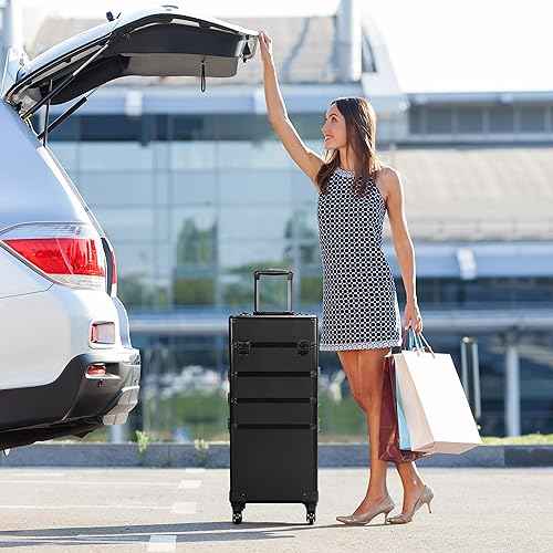 Yaheetech 4 in 1 Professional Makeup Train Case Aluminum Cosmetic Case Rolling Makeup Case Extra Large Trolley Makeup Travel Organizer, with 360¡Æ Swivel Wheels, Black