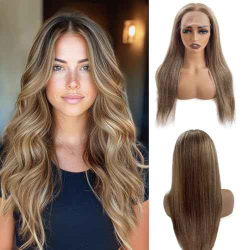 Belaved 22 Inch Ombre Lace Front Wig Human Hair 13x4 Straight Highlight Light Brown to Brown with Ash Blonde Lace Closure Wigs Human Hair for Women Real Brazilian Virgin Pre Plucked Hairline