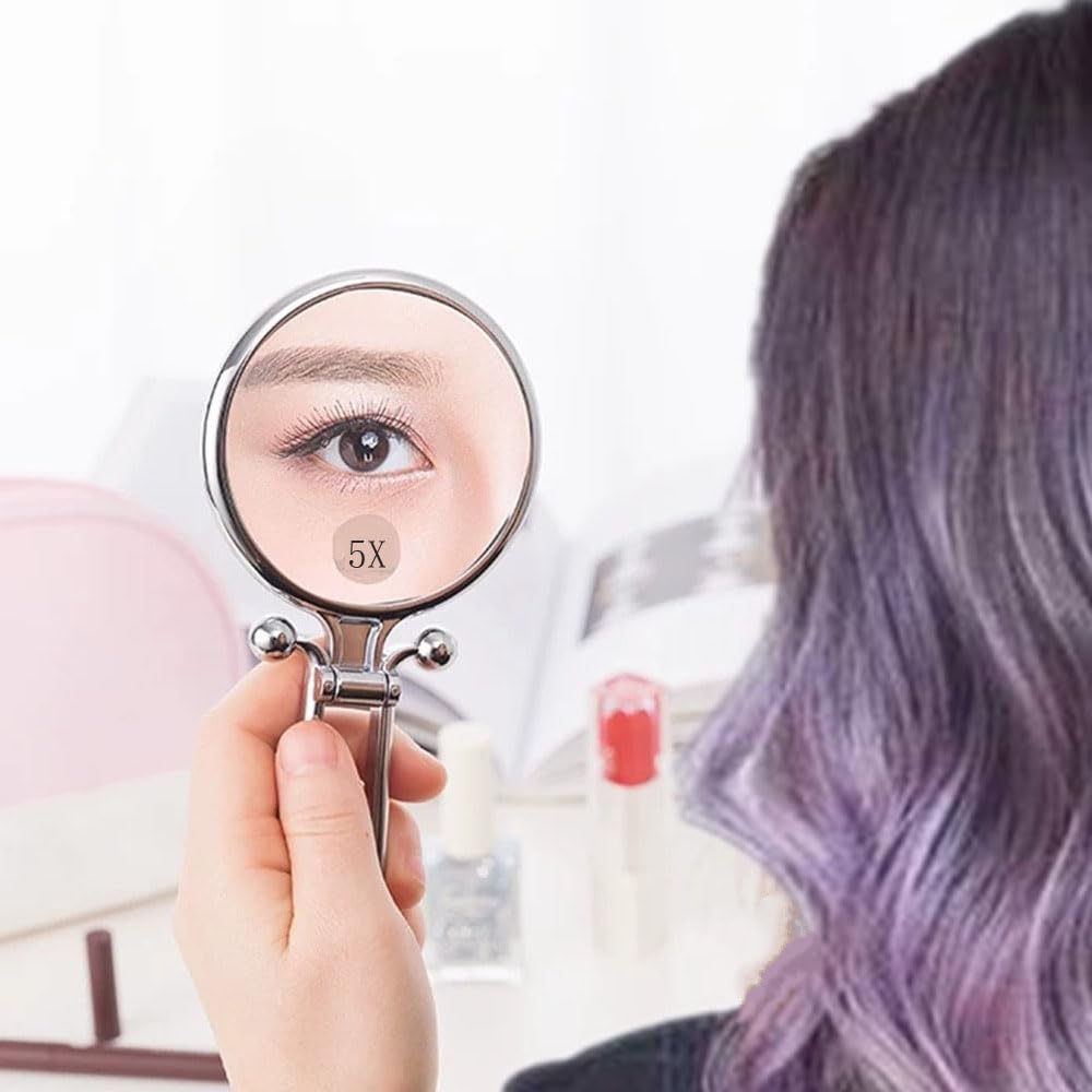 Stianiiie 1X/5X Handheld Mirror, Tabletop Mount, Modern Personal Compact Travel Mirror, Silver Frameless, 5.7"L x 3.5"W