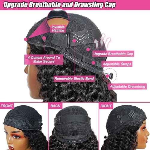 Half Wig Human Hair Deep Wave 200% Density Curly Half Wig Drawstring Seamless Flip Over 3 In 1 Half Wigs for Black Women Wear and Go Glueless Headband Wig Human Hair Beginner Friendly 16 Inch