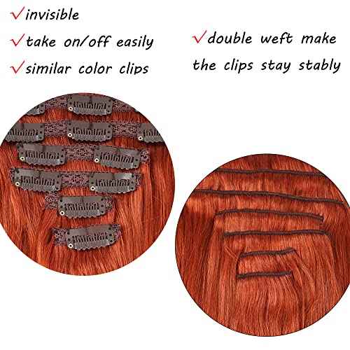 16" Clip in Human Hair Extensions Full Head 130g 7 Pieces 16 Clips Copper Red Double Weft Brazilian Real Remy Hair Extensions Thick Straight Silky (16" 130g, #350)