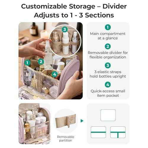 BAGSMART Travel Toiletry Bag with Removable Partition, Puffy Water-resistant Fabric Hanging Organizer for Full-Size Toiletries, Accessories, Black