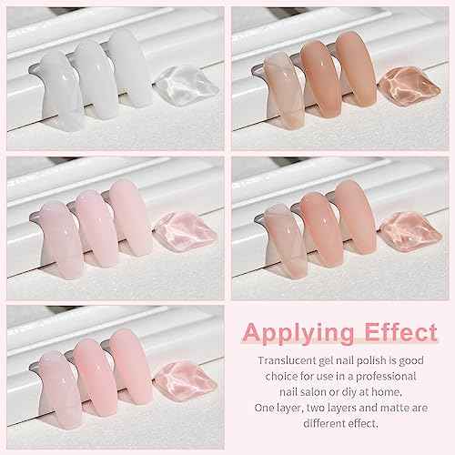 RARJSM Nude Rubber Base Gel Nail Polish Set Clear Sheer Milky White Opaque Pink Builder Base Gel in a Bottle Hard Extension Gel Skin Tone 6 Netural Colors Cured for Nails at Home Salon DIY Beginner