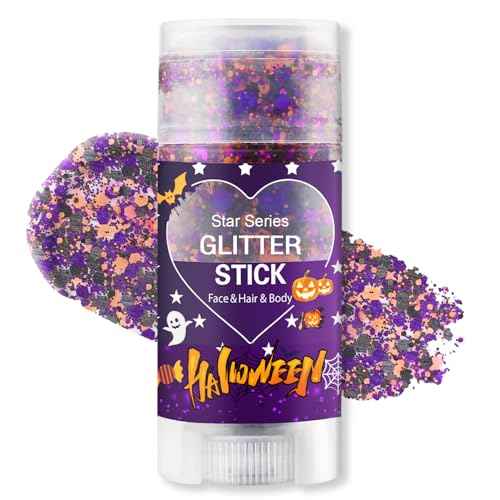 Halloween Body Glitter Stick, Black Orange Purple Sequin Hair Glitter for Rumi Costume Cosplay and Tattoos Makeup, Chunky Glitter Face Paint, Waterproof Face Glitter Gel for Glirs and Women