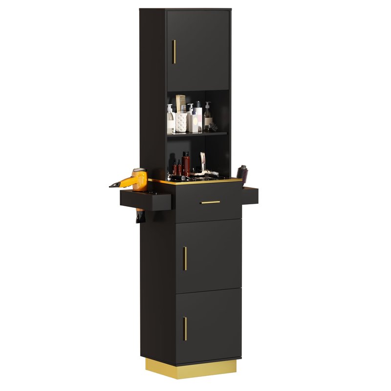 Oakvera Salon Stations for Hair Stylist, Tall Hair Salon Station with 6 Tools Holders, a Drawer, 2 Open Shelves & 3 Large Storage Cabinets for Salon, Spa & Beauty, Black