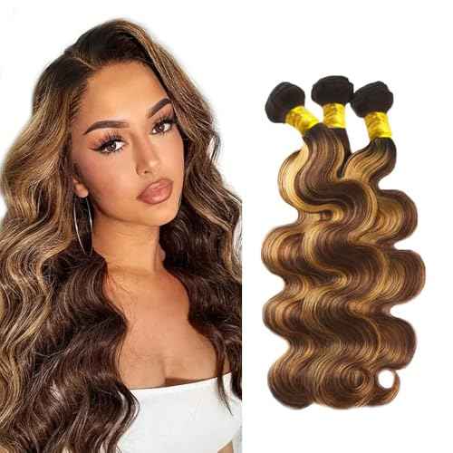 Human Hair Bundles P4/27# Color Body Wave Bundles Human Hair Unprocessed Brazilian Virgin 26 28 30 Inch 3 Bundles Quick Weave Human Hair Extensions (P4/27# Body Wave, 26 28 30)