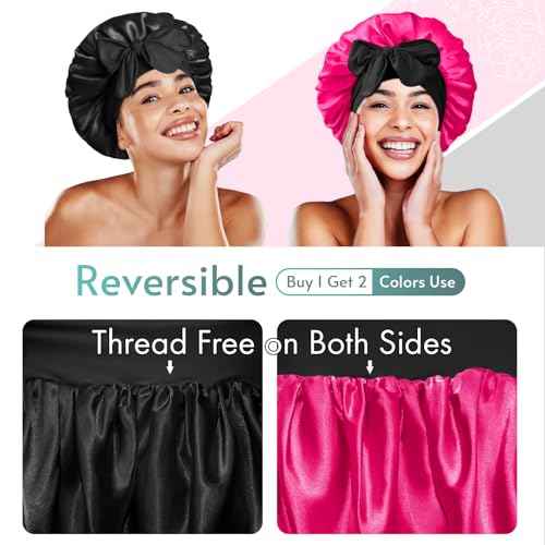 BONNET QUEEN Silk Bonnet for Sleeping Satin Bonnet with Tie Hair Wrap Double Layer Sleep Cap for Women Curly Hair, Black Hot Pink
