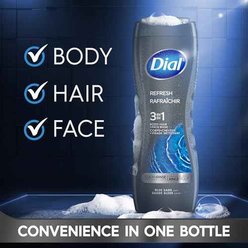 Dial Men 3 in 1 Body, Hair and Face Wash, Refresh, 16 Fl Oz (Pack of 4), Blue Sage Scent, Cleanses Deep + Gentle on Skin with Clean Rinse Technology