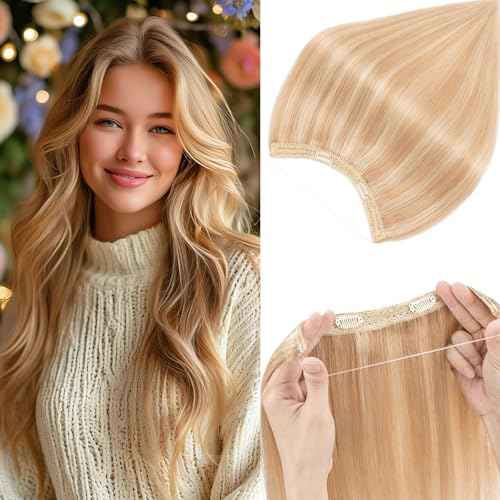 Rich Choices 100% Real Human Halo Hair Extensions for Women Remy Halo Extension Invisible Wire Hairpiece Clip in One Piece Hairpiece Adds Weight 80g 18 Inch #18P613 Ash Blonde Highlight Bleach Blonde