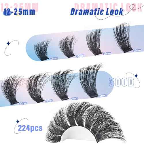 Mega Lash Clusters Kit 300D Thick 12-25mm Volume Cluster Eyelash Extensions Kit 224Pcs Wispy Individual Lashes with Lash Bond and Seal and remover Eyelash Clusters Soft False Eyelashes by Yaiseiko