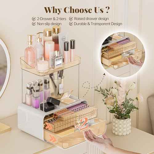 Delamu Bathroom Counter Organizer 2-Drawers 2-Tier Acrylic Makeup Organizer for Vanity Countertop, Skincare Perfume Storage, Easy Assembly, Ideal for Women, Bath Linen Sets, Amber