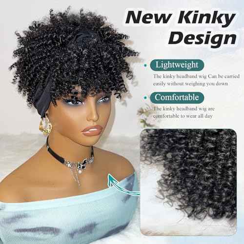 Headband Wig Afro Kinky Headband Wig with Bangs for Women Black Head Wrap 2 in 1 for Women Curly Full Scarf Wigs Synthetic Short Afro Kinky Wigs Afro High Puff Wig