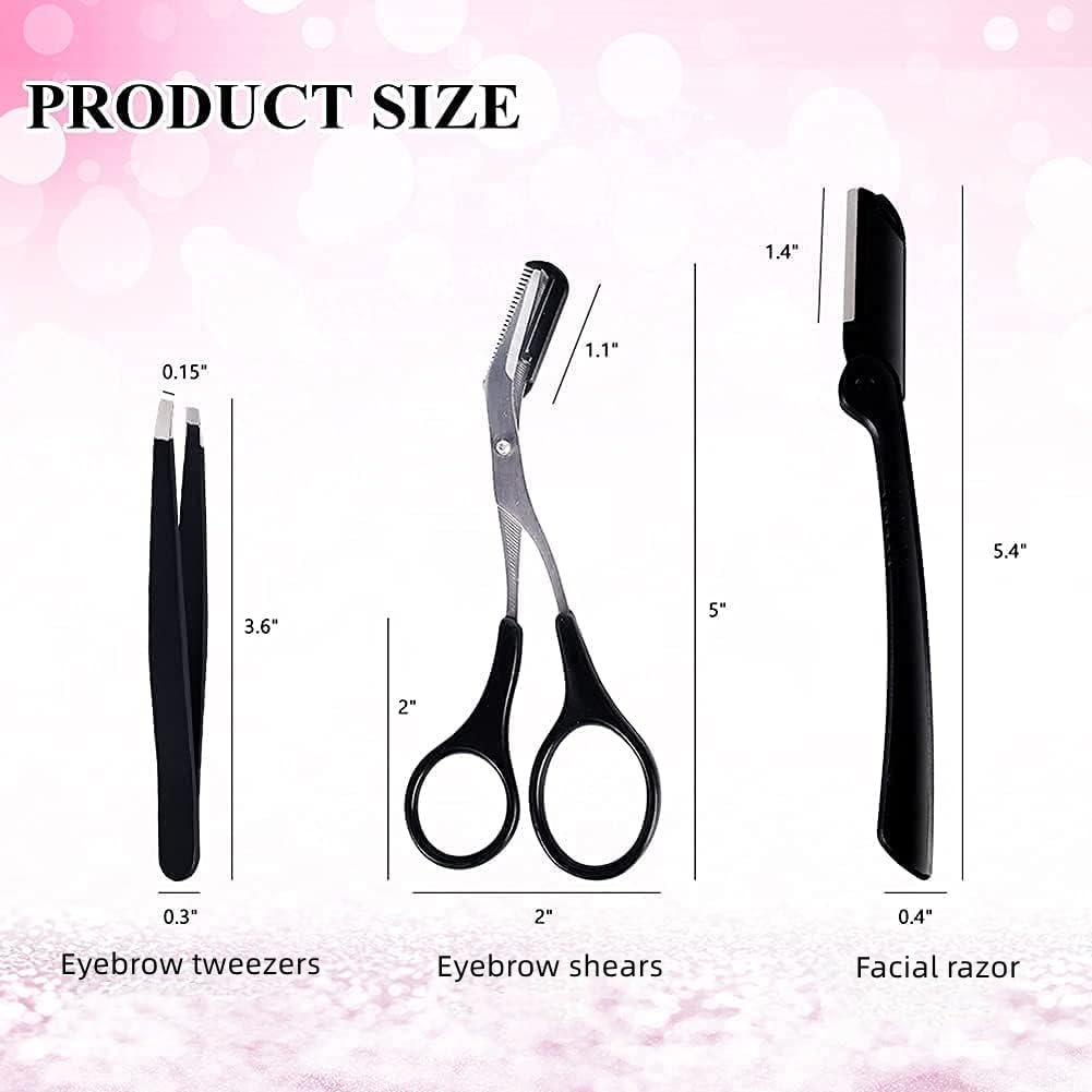 XUJINCN 3-in-1 Eyebrow Scissors Kit，for Personal Facial Hair Removal,Multifunctional Ms. Exfoliating Beauty Tool，Including；Eyebrow Comb Scissors, Hair Removal Tweezers,Eyebrow Razor（Black