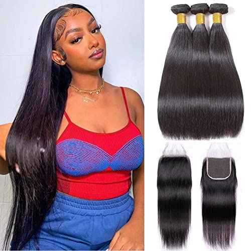 10A Brazilian Straight Human Hair 3 Bundles with Closure 14 16 18+12 Inch 100% Unprocessed Straight Virgin Hair Weave Bundles Human Hair with 4x4 HD Lace Closure