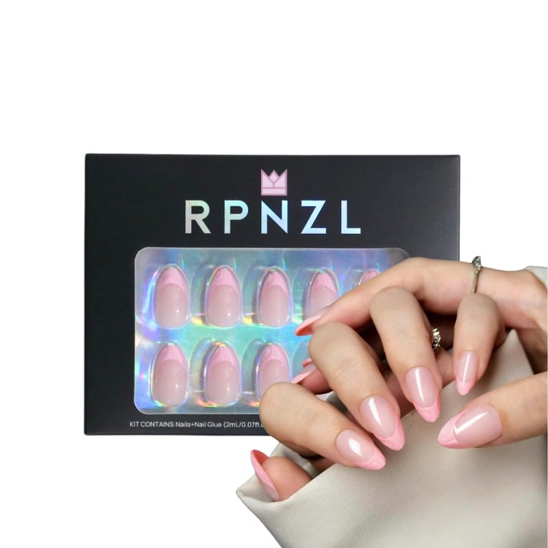 RPNZL Press On Nails - BubbleGum French | 3D Pink French Tip, UV Finish Almond Nails, Reusable | 32 Nails, 16 Sizes Kit with Glue and Adhesive Tabs I Female Founded