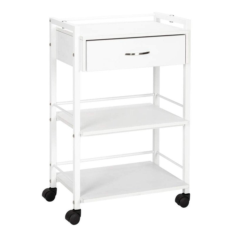 Salon Trolley Cart - Wooden Rolling Storage Station with 1 Drawer & 2 Trays | Mobile Utility Cabinet for Beauty & Spa, White