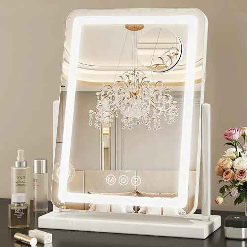 Suidia Vanity Mirror with Lights, 18"¡¿14" LED Makeup Mirror with Light, Smart Touch with 3-Color Lighting, 360¡ÆRatation for Vanity Desk Tabletop,White,Lamp Belt Style