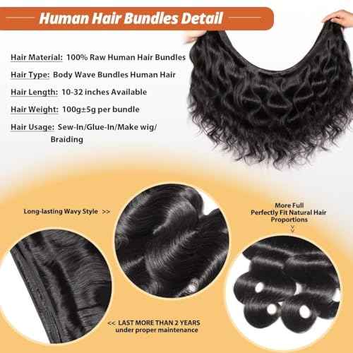 12A Human Hair Bundles 20 20 20 Inch Body Wave Bundles Human Hair 100% Unprocessed Brazilian Virgin Organique Quick Weave 3 Bundle for Women Wet and Wavy Human Hair Extensions Natural Black