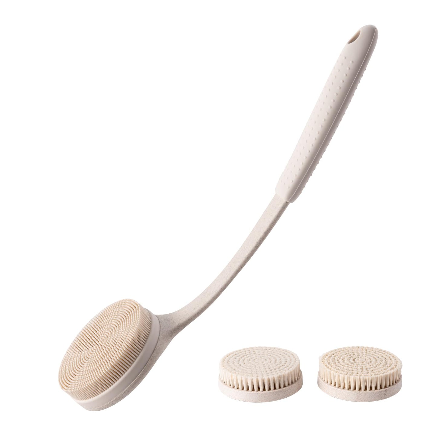 Long Handle Shower Back Scrubber,15.75 Inch Ergonomic Curved Brush with 3 Replaceable Heads with Soft and Firm Bristles,Silicone Handle for Easy Back Cleaning and Exfoliation,Bath Body Brush(Beige)