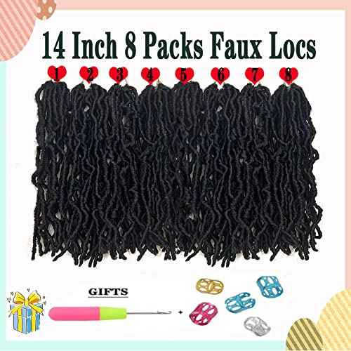 Short Faux Locs Crochet Hair 14 Inch Soft Locs 8 Packs Natural Black Pre-Looped New Soft Faux Locs Curly Hair Extension, Goddess Locs for Women (8 Packs, 1B#)