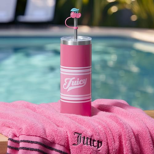 Juicy Couture Glam Slip 24oz Stainless Steel Hydration Tumbler with Straw Topper, Hot Pink Varsity