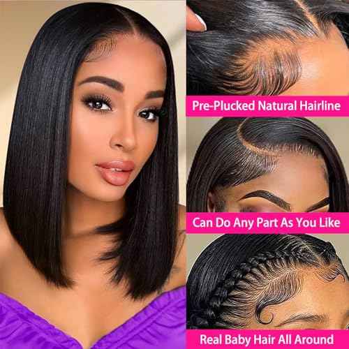 8 Inch Bob Wig Human Hair 13x6 Hd Transparent Lace Front Wigs Human Hair Pre Plucked Glueless Bob Wig #1 Jet Black 200% Density Short Straight Bob Wigs For Women