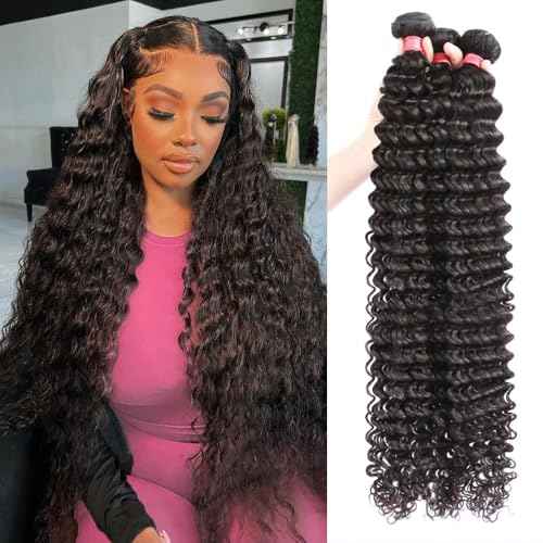 12A Deep Wave Human Hair Bundles 20 22 24 Inch Brazilian Curly 3 Bundles Human Hair 100% Unprocessed Virgin Wet and Wavy Hair Weave 1B Black