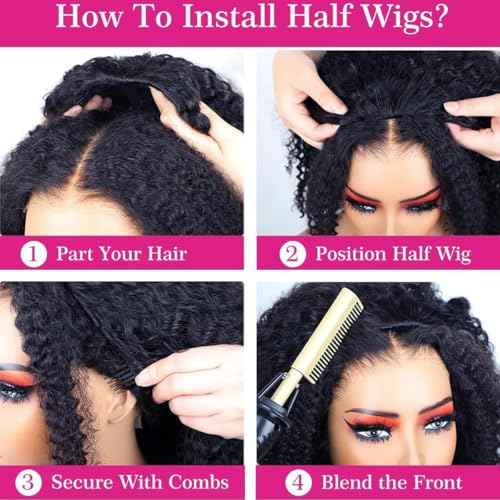 Half Wig Human Hair Water Wave Half Wig 3 in 1 Glueless Wigs 200% Density Wear and Go Wigs Seamless Flip Over with Drawstring Beginner Friendly Curly Wig Headband Wig for Women 18 Inch