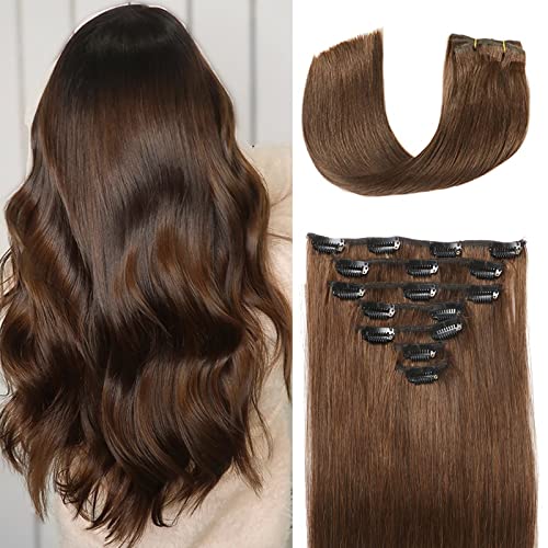Clip in Hair Extensions Real Human Hair For Women Medium Brown Hair Extensions 70g 100% Remy Virgin Human Hair Clip In Extensions Double Weft Clips Straight Soft Hair No Tangles 14inch