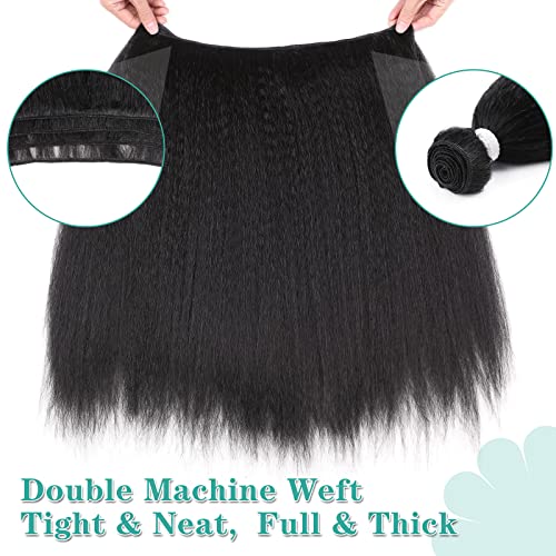 HANNE Kinky Straight Bundles with Lace Closure Yaki Long Straight Hair Bundle for Black Women Heat Resistant 3 Bundles with Closure Hair Extensions (18 20 22 Black)