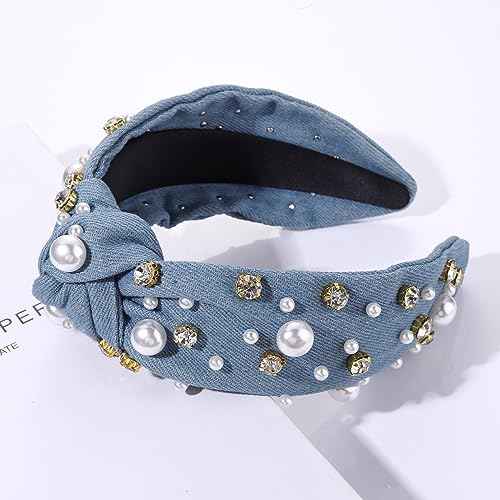Pearl Knotted Headband for Women White Pearl Rhinestone Crystal Jeweled Embellished Hairband Fashion Elegant Ladies Wide Top Knot Bride Boho Head Band Headpieces Bachelorette Party Hair Accessories