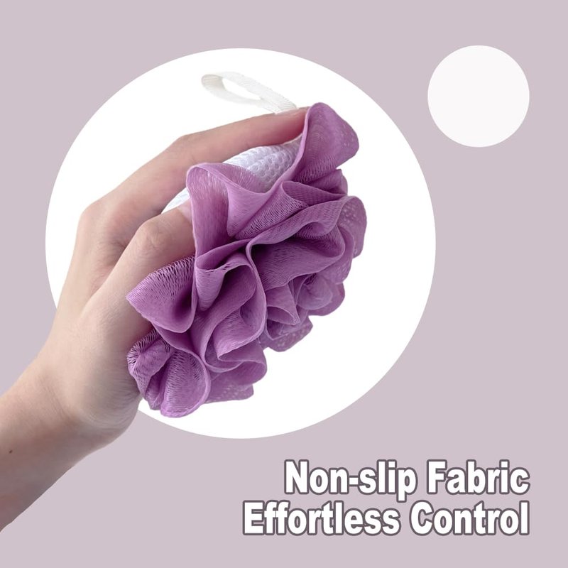 3 Pack Bath Loofah Shower with Soap Bags, Dual-Use Exfoliating Bath Sponges Soap Saver for Women & Men, Gentle Body Scrubber (White, Gray, Purple)