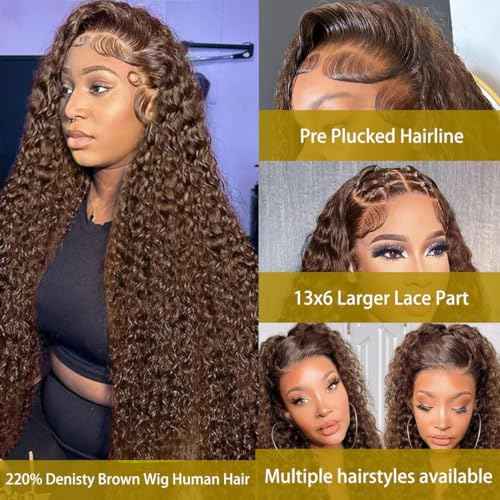 BIANFA Light Brown Lace Front Wigs Human Hair Deep Wave 13x6 HD Lace Frontal Wigs for Women 220% Density Brown Deep Curly Glueless Wigs Human Hair Pre Plucked£¨24inch£©