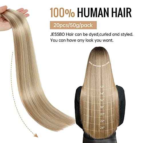 JESSBO Tape in Hair Extensions Human Hair Ash Blonde Highlighted Bleach Blonde 20 inch 20pcs 50g/pack Straight Seamless Skin Weft 100% Real Human Hair