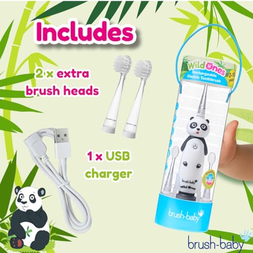 BrushBaby - WildOnes - Kids Rechargeable Electric Toothbrush, Ages 0-10 - Pan-Pan Panda Design with Flashing Lights - DeepClean Bristles for Superior Cleaning - 2 Replacement Brush Heads, 1 USB Cable