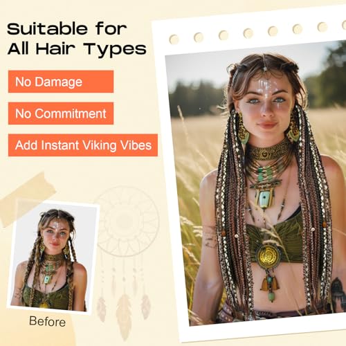 SEIKEA 2PCS Boho Braided Ponytail Extension with Hair Tie, 24" Long Viking Dreadlock Beads Ponytail Hand-braided Braids Hair Extensions Lightweight Natural Synthetic Hairpiece for Festival Cosplay