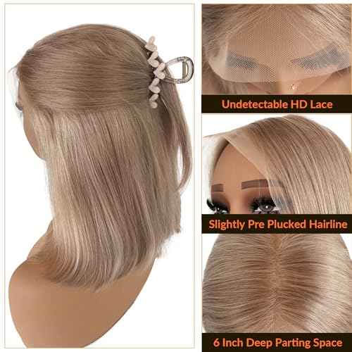Licoville 13x6 Ash Blonde Bob Wig Human Hair 12 Inch Deep Part Ash Blonde HD Lace Front Wig Human Hair Short Bob Wigs for Black Women 180% Density Silky Straight Blond Wig